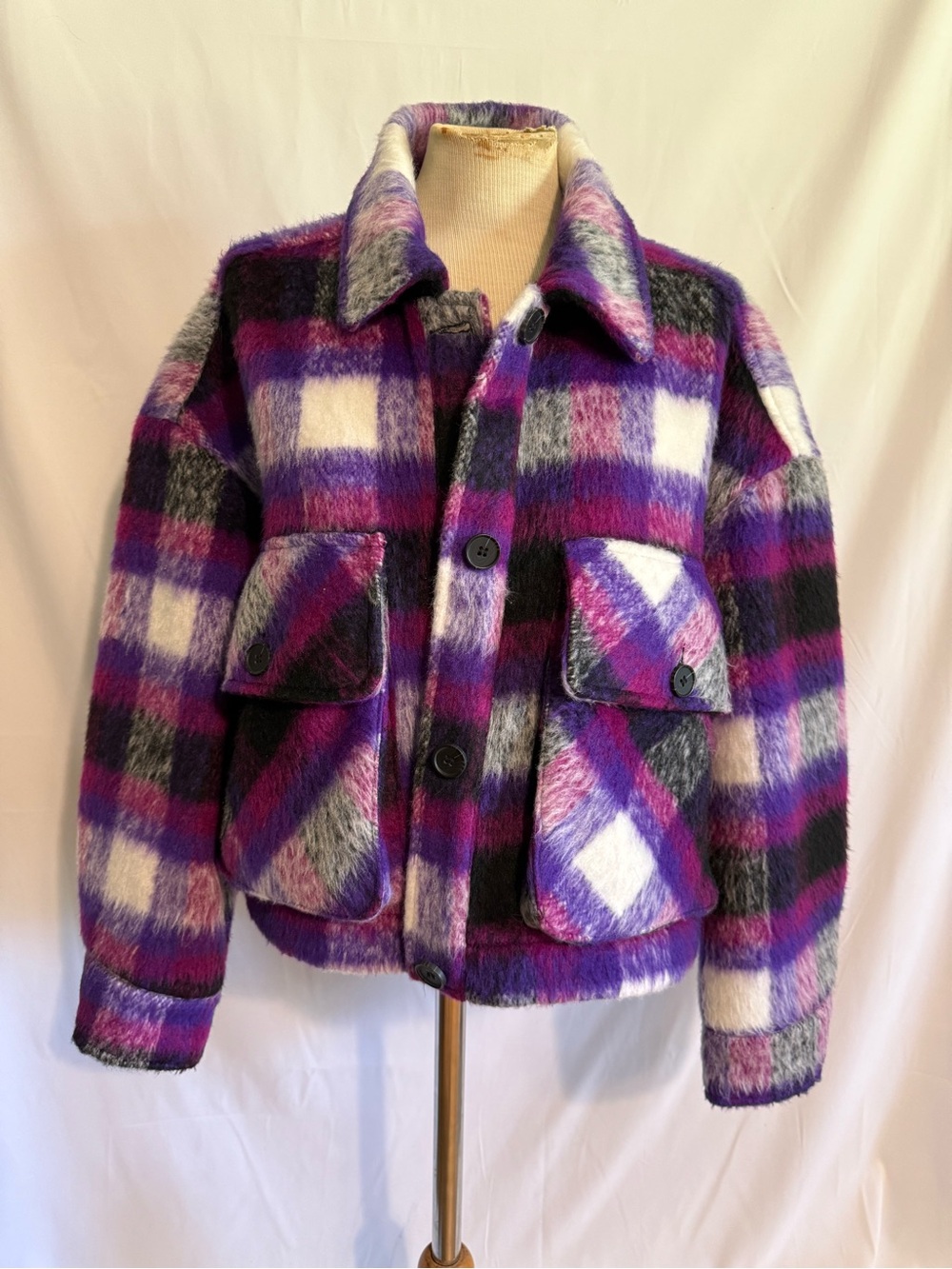 Blank NYC Kids Purple Black White Plaid Fuzzy Button Jacket